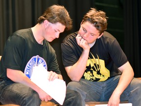 Cody Sinclair (left) and Logan Stewart, both Grade 12 students at Mitchell District high school (MDHS), rehearse their two-person performance of "Blackouts" last week in preparation for the MDHS Drama Gala set for June 9 at the school. An ode to the arts, with music and other surprises in store, will take place at the school - it's been a long time coming due to COVID! ANDY BADER/MITCHELL ADVOCATE