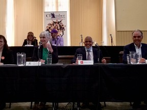 Candidates at all-candidates' meeting Thursday, May 12 in Owen Sound. Back left: Suzanne Coles, of the Ontario Party; Joseph Westover, of Populist Ontario. Front left: Karen Gventer, NDP; Green candidate Danielle Valiquette; Liberal Selwyn Hicks; Rick Byers, Ontario PC Party.