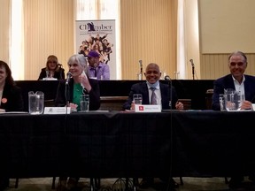 Candidates at all-candidates' meeting Thursday, May 12, 2022 in Owen Sound, Ont. Back, left to right: Suzanne Coles, of the Ontario Party; Joseph Westover, of Populist Ontario. Front, left-to-right: Karen Gventer, NDP; Green candidate Danielle Valiquette; Liberal Selwyn Hicks; Rick Byers, Ontario PC Party. (Scott Dunn/The Sun Times/Postmedia Network)