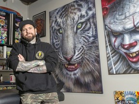 Derek Turcotte is the owner of Electric Grizzly Tattoo in Canmore. He is a tattoo artist who also sells his art on canvas and online as NFTs. photo by Pam Doyle/www.pamdoylephoto.com
