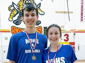 Mitchell District high school students Jared Vosper and Lauren McKay won the WOSSAA junior mixed badminton gold medal in London last week, losing in the first final only to rally in the double elimination event and defeat their Oakridge opponets for the championship. SUBMITTED