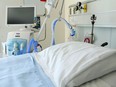 A ventilator stands beside a bed in the regional intensive care unit at Belleville General Hospital. The unit had three COVID-positive patients as of Tuesday morning; they were among a record 40 COVID patients in the hospital.