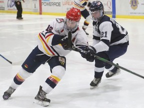 The Ontario Junior Hockey League has named Jacob Vreugdenhil of the Wellington Dukes its Most Gentlemanly Player for 2021-22. He is pictured here during regular-season action against the Haliburton County Huskies. BRUCE BELL
