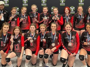 The Belleville Ravens Red Rockets girls voleyball team captured the bronze medal at last weekend's Ontario Volleyball Association Championships -- the largest youth amateur volleyball event in the province and one of Canada's premier sporting events, held at the Paramount Fine Foods Centre Sportsplex in Mississauga. The Ravens, who include students from across the area in Grade 6 to 8, finished in third place, playing 10 games and only losing once in the semi-finals before rebounding to win the bronze medal.  SUBMITTED PHOTO