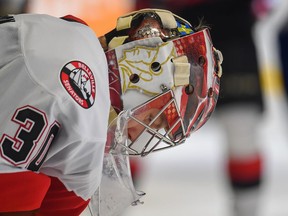 Belleville Senators goalie Filip Gustavsson gets a breather during Game 1 against the Rochester Amerks on Wednesday, May 4. The B-Sens dropped a pair of heartbreaking 4-3 overtime decisions to bow out of the American  Hockey League playoffs. ROCHESTER AMERKS PHOTO