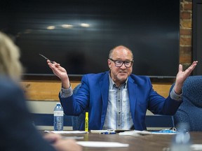 Coun. Sean Kelly, chair of the EDDC, gestures as he speaks with members of Belleville's Economic Destination Development Committee (EDDC) during their May 26 meeting at Belleville City Hall. ALEX FILIPE