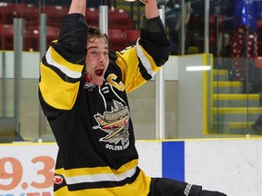 Trenton Golden Hawks captain Dalton Bancroft hoists the Hasty Ps Cup in celebration after edging the Wellington Dukes for Battle of Quinte bragging rights. Bancroft was named the OJHL's MVP this season and tied for the league scoring lead. He's just one of seven forewards the Golden Hawks must replace for the 2022/2023 season. Preparation begins this weekend with the Golden Hawks Prospects Camp at the Community Gardens. ED MCPHERSON/OJHL IMAGES