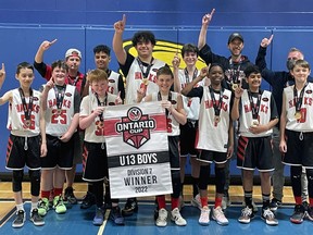 The Brantford Hawks under-13 bantam boys basketball team won gold at the OBA championship. Submitted