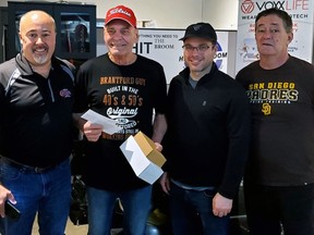 Members of the winning team included (left to right) Scott Sharland (left), Doug Lane, Jason Biehn and Bill Skoretz are members of the Nin-com-poops, which claimed the Brant Curling Club's Industrial League championship. Submitted