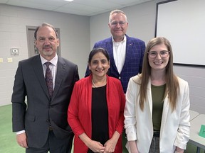 Brantford-Brant candidates Harvey Bischof (left), of the NDP, Ruby Toor, of the Liberals, Will Bouma, of the Progressive Conservatives, and Karleigh Csordas, of the Green Party, prior to the start of a candidates meeting organized by the Brant County Federation of Agriculture at the Paris fairgrounds on Thursday night. Vincent Ball