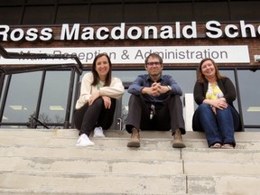 Amanda Gowan (left), administrative assistant at W. Ross Macdonald School, is spearheading efforts to celebrate the school's 150th anniversary later this month. She is joined by principal Dan Maggiacomo and administrative assistant Emilie Hyde, who are also part of the preparations to mark the milestone. Submitted