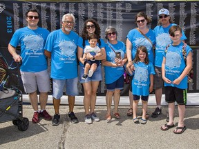 The BGI Retail team (from left) Milos Kurkic, Leonidas Frois, Bianca Frois and her son Igor, Marli Frois, Jen Chase with her children Lily and Connor, and Bryan Reeve were among hundreds who took part in the Hike for Hospice, a one-kilometre walk to raise funds for the Stedman Community Hospice in Brantford on Sunday.