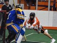 A Six Nations Arrows player attempts a shot on goal during an exhibition game earlier this season. The Arrows have started the Ontario Junior A Lacrosse League season with two losses.