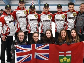 Brantford's Brayden Appleby (back, fifth from left) and St. George's Julia Markle (front, second from left) recently competed at Curling Canada's under-18 national championship.