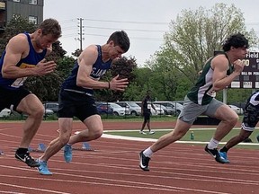 St. John's College student Nick Jantz (third from left) won the Central Western Ontario Secondary Schools Association senior boys 100-metre race on Wednesday at Pauline Johnson Collegiate's Kiwanis Field.