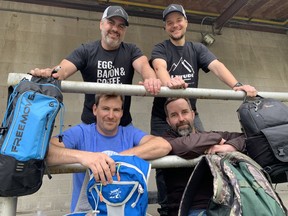 Bernie Martin (bottom left), Ryan Parks (standing left), Thor Helsing (standing) and Jim Hladish (sitting) prepare for a marathon walk on May 28 to raise funds for Cystic Fibrosis Canada.  They are part of a group of 10 people who will walk from Brentford to Port Dover and return in support of Hope Janians, a seven-year-old Brentford girl living with cystic fibrosis.  Vincent Ball