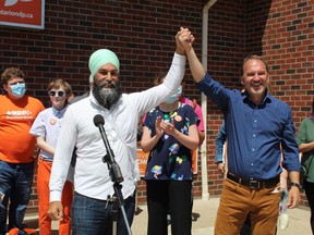 Federal NDP Leader Jagmeet Singh on Tuesday afternoon visited the Fairview Drive campaign office of Harvey Bischof, the Brantford-Brant NDP candidate in the June 2 provincial election.