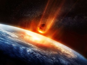 An illustration of a large meteor, burning and glowing, as it hits the Earth's atmosphere.