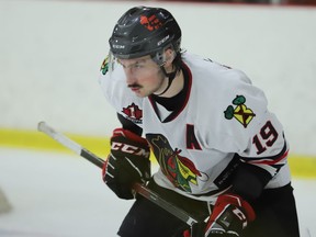 Owen Belisle, shown here playing in his final home game with Brockville on Friday, April 29, is one of several graduating Braves whose time in Jr. A hockey has ended.
Tim Ruhnke/The Recorder and Times