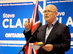 Steve Clark speaks to Progressive Conservative supporters as he opens his campaign office in Brockville on Thursday evening. Voters in Leeds-Grenville-Thousand Islands and Rideau Lakes and across Ontario head to the polls on June 2. (RONALD ZAJAC/The Recorder and Times)