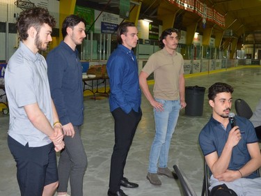 From left, graduating Brockville Braves Nicolas Lariviere, Owen Belisle, Ryan Bonfield, Caleb Kean and Anthony Biniaris are acknowledged at the end of the Jr. A club's 2021-2022 year-end banquet at the Brockville Memorial Centre on Friday, May 6.
Tim Ruhnke/The Recorder and Times