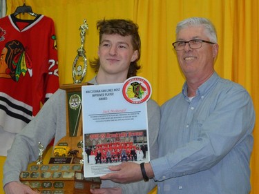 Jack McDonald, recipient of the Brockville Braves' Most Improved Player award for 2021-2022, poses with assistant coach Walter Dubas.
Tim Ruhnke/The Recorder and Times