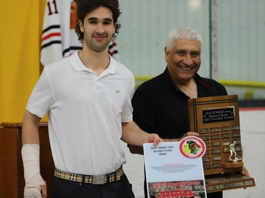 Brockville Braves captain Thomas Haynes receives the 2021-2022 Doug Summers MVP award from Braves CEO Hani Greiss at the Jr. A club's year-end banquet on the floor of the Brockville Memorial Centre on Friday, May 6.
Tim Ruhnke/The Recorder and Times