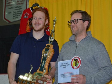 Justin Dauphinais is named the Brockville Braves' Most Sportsmanlike Player of 2021-2022. Presenting the Fred Adolf award is assistant coach Devin Payne.
Tim Ruhnke/The Recorder and Times