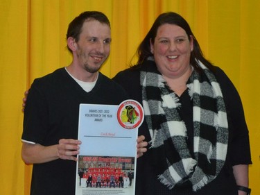 Brockville Braves Volunteer of the Year Zack Boyd poses with director of operations Jaime McDougall.
Tim Ruhnke/The Recorder and Times