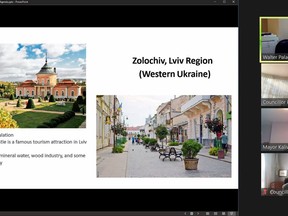 Walter Palagniuk, top right, discusses a slide detailing one of Brockville's potential Ukrainian sister-cities during council's virtual meeting on Tuesday.