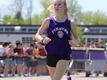 Summer Covey finishes first in the novice girls 800-metre final at the LGSAA track and field championships at TISS in Brockville on Friday.
Tim Ruhnke/The Recorder and Times