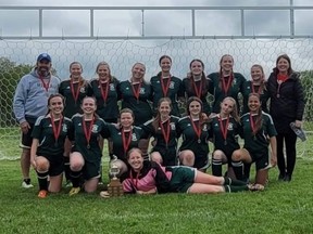 The Rideau Lions won the Leeds Grenville high school girls soccer A championship on Thursday. The Rideau team includes (in front) Keva McCreary, (first row, from left) Chloe Smith, Addison Dwyre, Emily Cholette, Megan Kilby, Kieran Hanna, Lara Horsfall, Asha Scheuermann, (back row) coach Scott Hallada, Alyssa Smith, Abby Wallace, Chloe Smith, Emma Bracken, Liz Raymond, Gemma Caron, Reese Clair and Kerri-Ann Harrison.
Submitted photo