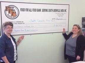 Roebuck United Church elder Donna Hall (left) and South Grenville Food Bank executive director Bonnie Pidgeon Cougler acknowledge the more than $15,900 that the food bank received from the now-former church as part of its dispersal of funds totalling in excess of $63,000.
Submitted photo