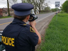 Grenville County OPP released this image of an unnamed officer pointing a radar gun on County Road 2 just west of Riverview Heights in Augusta Township.
OPP photo