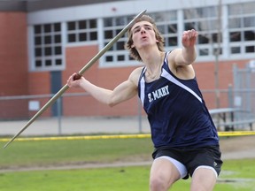 Ethan Wooller of St. Mary Catholic High School, shown here at the TISS Pirates Relays earlier this season, placed first in the senior boys javelin throw at the east regionals and is among the athletes from the Leeds Grenville area who qualified for the OFSAA 2022 track and field championships.
File photo/The Recorder and Times