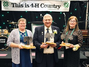 Ontario 4-H Arbor Award recipients Cathy Stockdale, Raymond Wilson and Chatham-Kent's Janet Campbell are shown with their metal sculpture awards at the ceremony in March.