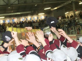 The Chatham Maroons celebrate winning the Greater Ontario Junior Hockey League Western Conference championship with a 5-2 win over the Leamington Flyers at Chatham Memorial Arena on May 14 to capture the series in six games. Ellwood Shreve/Postmedia
