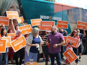 Ontario NDP leader Andrea Horwath bumps elbows with NDP candidate for Chatham-Kent-Leamington Brock McGregor as she arrives at his Chatham campaign office on Sunday for a meet and greet with local supporters. This is the NDP leader's second visit to the riding in May leading up to Thursday's provincial election. PHOTO Ellwood Shreve/Chatham Daily News