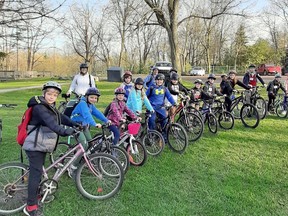 The Hensall 4-H Club White Squirrel Sports group is ready to hit the trail. Pictured in front from left are Charlie Trick, Evelyn Den Otter, Alex Van Niekerk, Kara Shapton, Michael Coyne, Finn Theophilopoulos, Myles Theophilopoulos, Emmet Sorensen, Grace Theophilopoulos, OJ Heyink, Dylan Kreuger, Payton Finkbeiner and Calleigh Brown; back from left are leader Mary Lynn MacDonald, Liam Coyne, leader Denise Iszczuk and Mercedes Prout. Handout