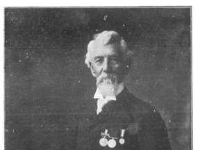 A late in life photograph shows a distinguished Thomas Huckstep with military medals and masonic apron.