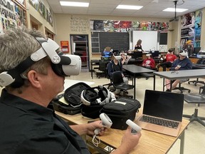 Dan Hawes (left) connecting with the students in the virtual classroom at Central Huron Secondary School in Clinton. Kathleen Smith