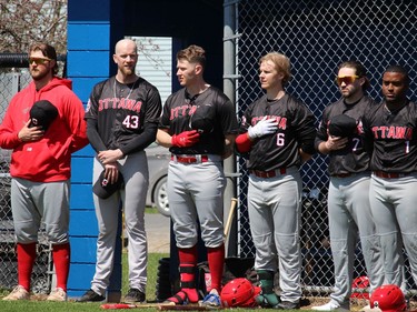 Members of the Frontier League Ottawa Titans during the national anthem at the opening ceremonies at Legion Park. Photo on Saturday, April 30, 2022, in Cornwall, Ont. Todd Hambleton/Cornwall Standard-Freeholder/Postmedia Network