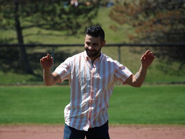 Cornwall pro boxer Tony Luis, a special guest reacting after his ceremonial opening pitch was declared a strike. Photo on Saturday, April 30, 2022, in Cornwall, Ont. Todd Hambleton/Cornwall Standard-Freeholder/Postmedia Network