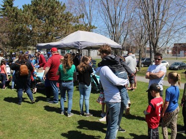 A big lineup for the barbecue tent. Photo on Saturday, April 30, 2022, in Cornwall, Ont. Todd Hambleton/Cornwall Standard-Freeholder/Postmedia Network