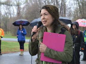 Angele D'Alessio, CMHA Champlain East mental health promoter, speaking at the first Mood Walk of the year on Wednesday May 4, 2022 in Cornwall, Ont. Shawna O'Neill/Cornwall Standard-Freeholder/Postmedia Network