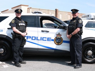 Canadian National Police Service officers Andre Lebreux and Daniel Leonard at the Cornwall Police Service open house on Thursday May 12, 2022 in Cornwall, Ont. Laura Dalton/Cornwall Standard-Freeholder/Postmedia Network