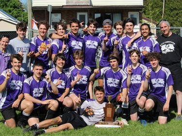 The L'Heritage Dragons celebrate an SDG senior boys' high school soccer A playoff championship. Photo on Wednesday, May 18, 2022, in Cornwall, Ont. Todd Hambleton/Cornwall Standard-Freeholder/Postmedia Network