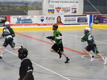 Cornwall Celtics #19 Ian Mcleod (centre) crosses into Peterborough Lakers territory at the Benson Centre, pictured on Sunday May 22, 2022 in Cornwall, Ont. Shawna O'Neill/Cornwall Standard-Freeholder/Postmedia Network