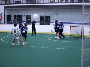 A goal scored by the Akwesasne Indians during the second period, from left Treyton  Mitchell, 6, Akwesasne Indians, Mountaineers (in blue) Thomas MacDonald,11, Bryden Pitt, 21, Cobie Cree,18, Akwesane Indians, Christian Cliff, 23, Calum Leaver-Preyra, 66 and Ethan Brown, 9, on Sunday May 29, 2022 in Cornwall, Ont. Laura Dalton/Cornwall Standard-Freeholder/Postmedia Network