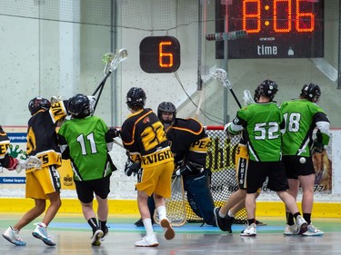 A scrum of Cornwall Celtics and Nepean Knights players in front of Knights goaltender Ethan Rogers on Friday May 20, 2022 in Cornwall, Ont. The Celtics won 5-4. Robert Lefebvre/Special to the Cornwall Standard-Freeholder/Postmedia Network